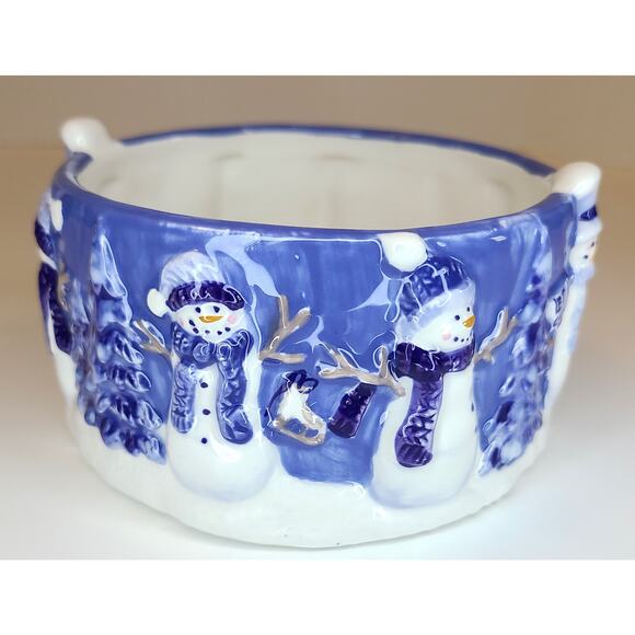 Christmas Holiday Snowman 2 Bowls 1 Tealight Holder Blue White Painted Ceramic - Picture 6 of 8